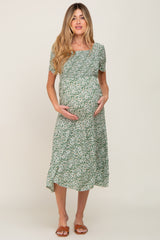 Green Floral Smocked Off Shoulder Maternity Midi Dress