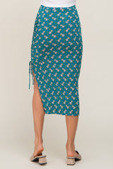 Teal Floral Ruched Slit Midi Skirt