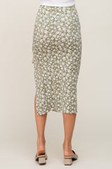 Light Olive Floral Drawstring Front Midi Skirt