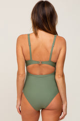 Olive Ruched Sides Front Cutout One Piece Swimsuit