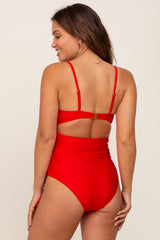 Red Ruched Front Tie One-Piece Maternity Swimsuit