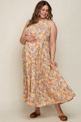 Taupe Floral Ruffle Mock Neck Tiered Maternity Plus Maxi Dress