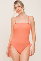 Coral Ribbed Cinched Side Tie Maternity One Piece Swimsuit