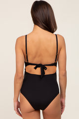 Black Ribbed Ruffle Ruched Maternity One Piece Swimsuit