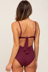 Plum Ribbed Ruffle Ruched One Piece Swimsuit