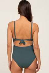 Green Ribbed Ruffle Ruched Maternity One Piece Swimsuit