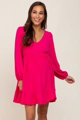 Fuchsia Long Sleeve Gathered Tier Maternity Dress