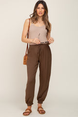 Brown Drawstring Accent Maternity Joggers