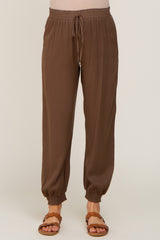Brown Drawstring Accent Maternity Joggers