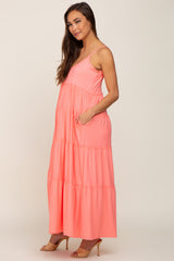 Coral Pink Tiered Sleeveless Maternity Maxi Dress