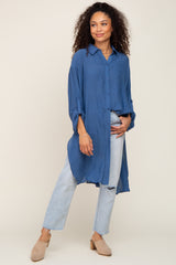 Blue Button Front Side Slit Oversized Maternity Blouse