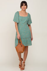 Green Floral Square Neck Smocked Open Back Dress