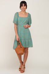 Green Floral Square Neck Smocked Open Back Dress