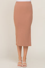 Mocha Ribbed Side Slit Midi Skirt