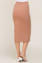 Mocha Ribbed Side Slit Midi Skirt