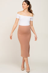 Mocha Ribbed Side Slit Maternity Midi Skirt