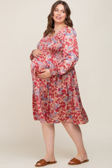 Burgundy Floral Smocked Maternity Plus Satin Dress