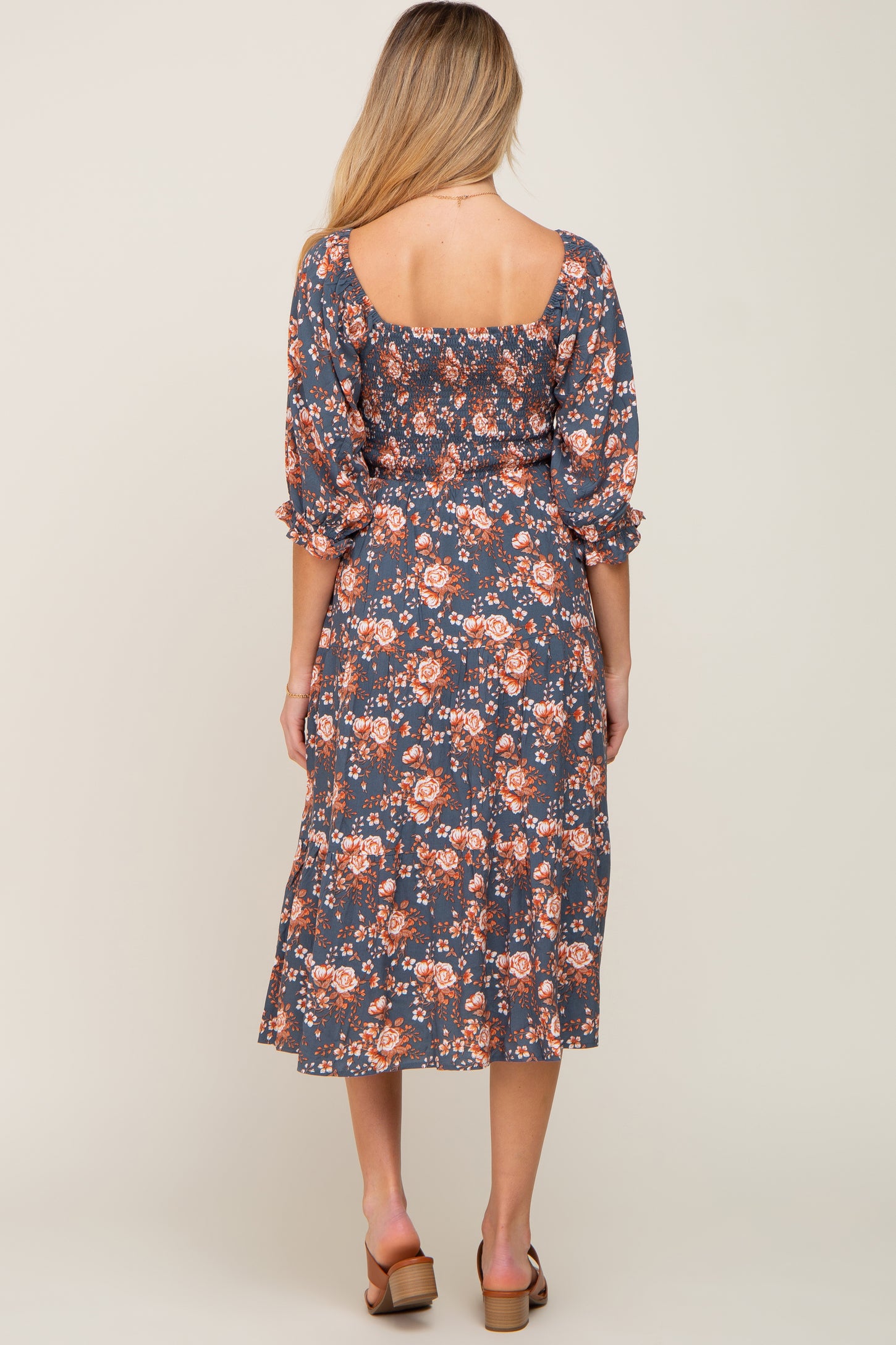 Navy Floral Smocked 3/4 Sleeve Maternity Midi Dress