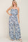 Blue Printed Strapless Ruffle Hem Jumpsuit