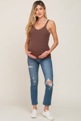 Navy Blue Distressed Raw Hem Maternity Jeans