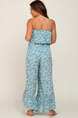 Aqua Floral Strapless Ruffle Maternity Jumpsuit