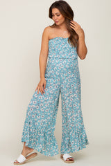 Aqua Floral Strapless Ruffle Maternity Jumpsuit