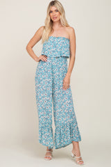 Aqua Floral Strapless Ruffle Maternity Jumpsuit