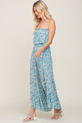 Aqua Floral Strapless Ruffle Jumpsuit