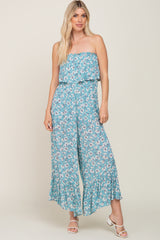 Aqua Floral Strapless Ruffle Jumpsuit