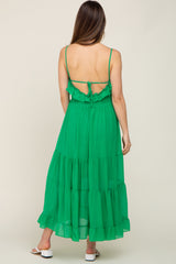 Green Shirred Ruffle Maternity Midi Dress