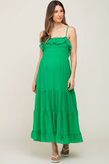 Green Shirred Ruffle Maternity Midi Dress