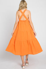 Neon Orange Tiered Crisscross Strap Midi Dress