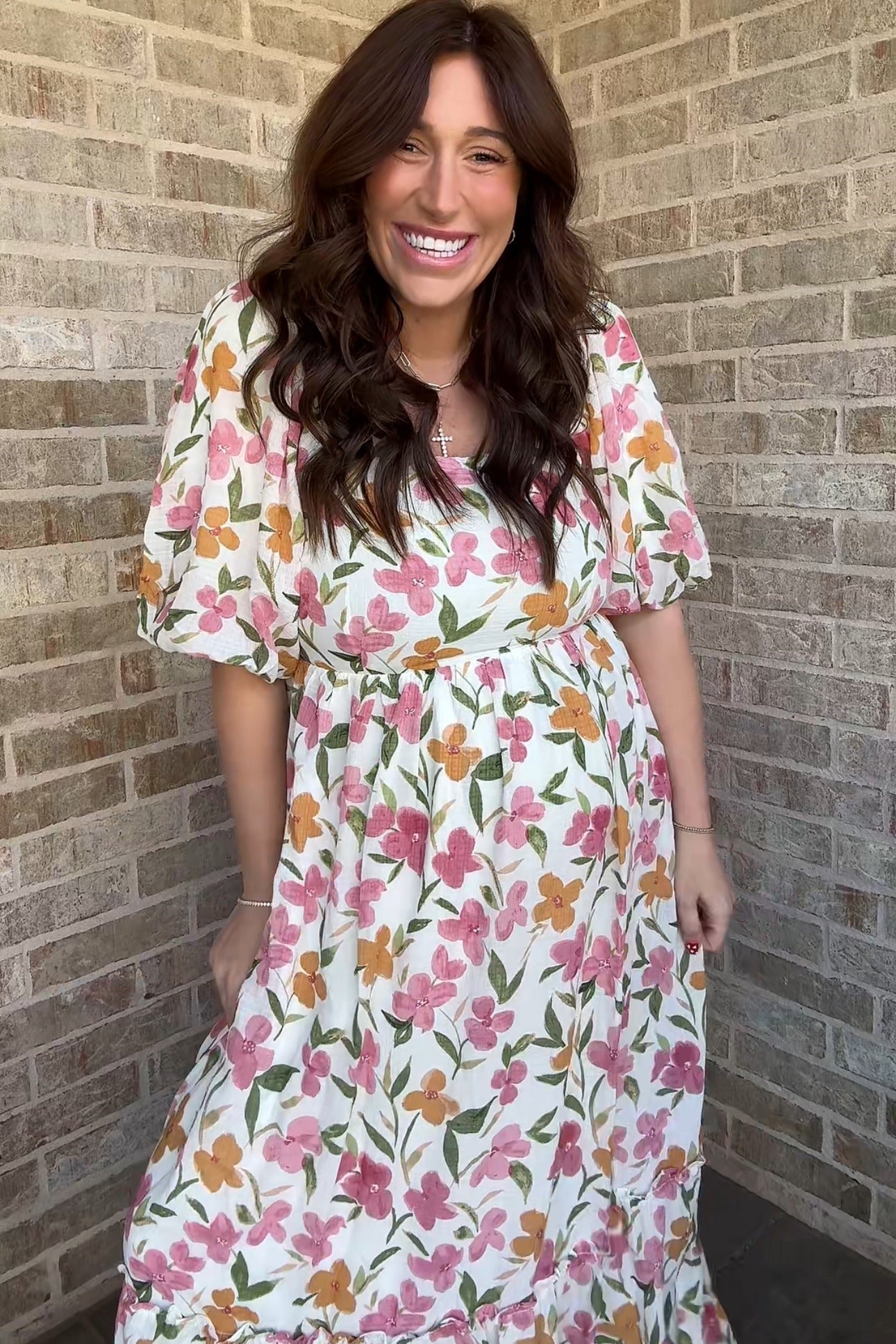 White Floral Puff Sleeve Maternity Maxi Dress