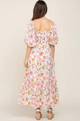 White Floral Puff Sleeve Maternity Maxi Dress