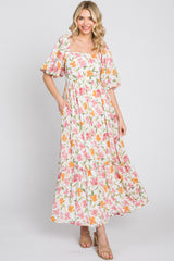 White Floral Puff Sleeve Maxi Dress