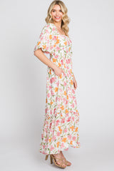 White Floral Puff Sleeve Maxi Dress