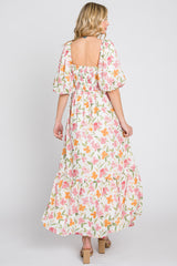 White Floral Puff Sleeve Maxi Dress