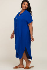 Royal Blue Button Down Hi Low Plus Maxi Dress