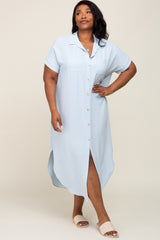 Light Blue Button Down Hi Low Plus Maxi Dress