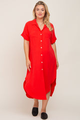 Red Button Down Hi Low Maternity Plus Maxi Dress