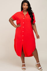 Red Button Down Hi Low Maternity Plus Maxi Dress