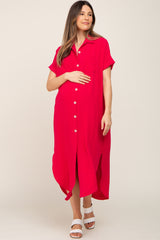 Fuchsia Button Down Hi Low Maternity Maxi Dress