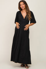 Black Deep V-Neck Tiered Maternity Maxi Dress