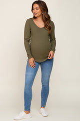 Olive Ribbed Scoop Neck Long Sleeve Maternity Top