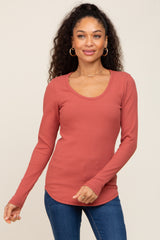 Rust Ribbed Scoop Neck Long Sleeve Top