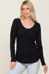 Black Ribbed Scoop Neck Long Sleeve Maternity Top