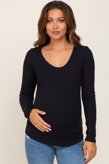 Black Ribbed Scoop Neck Long Sleeve Maternity Top