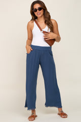 Navy Linen Frayed Hem Crop Maternity Pants