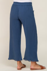 Navy Linen Frayed Hem Crop Maternity Pants