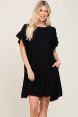 Black Frayed Trim Back Keyhole Linen Dress